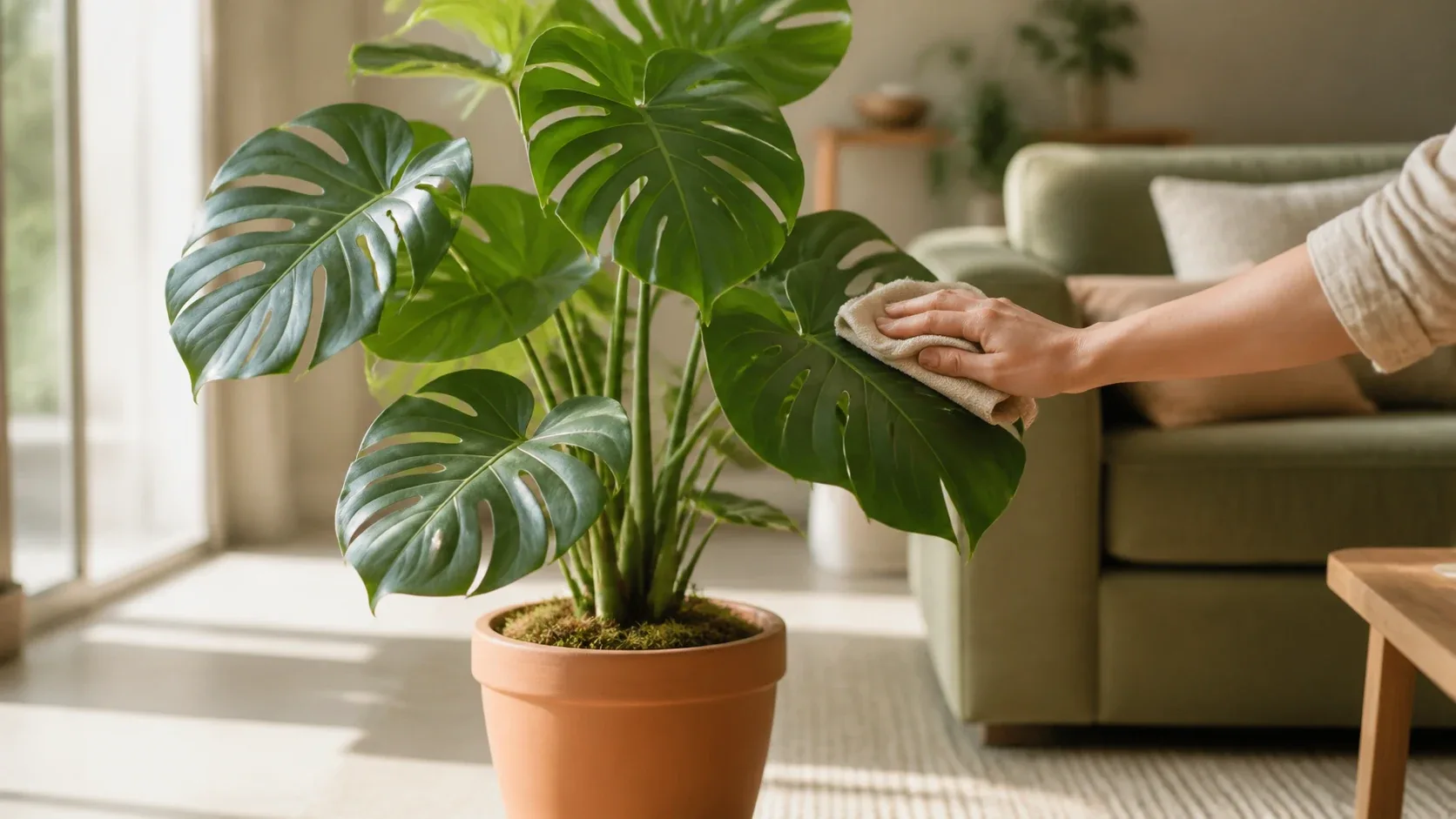 Nettoyage délicat du feuillage d’une plante artificielle avec un chiffon doux