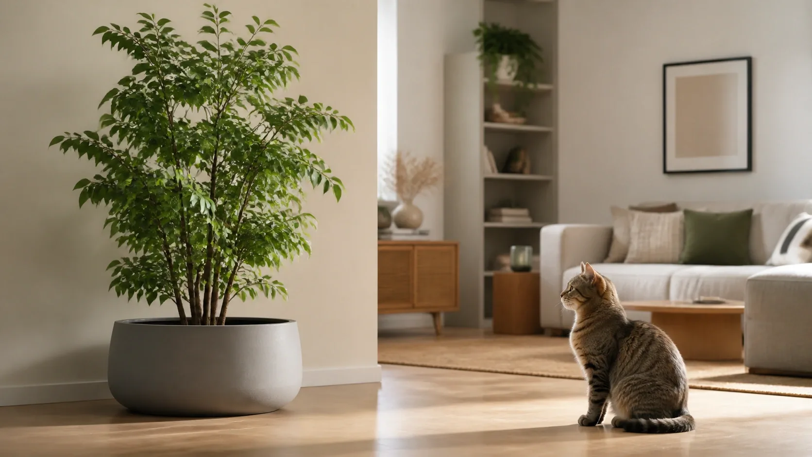 Chat observant une plante artificielle stable dans un grand cache-pot, installée hors des zones de passage
