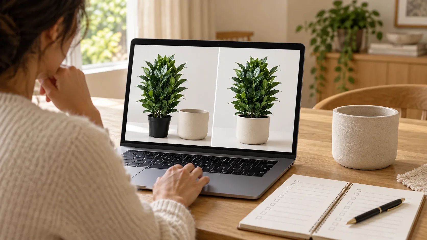Comparaison sur ordinateur de deux plantes artificielles, en pot technique avec cache-pot séparé ou en ensemble, près d’un cache-pot vide et d’un carnet.
