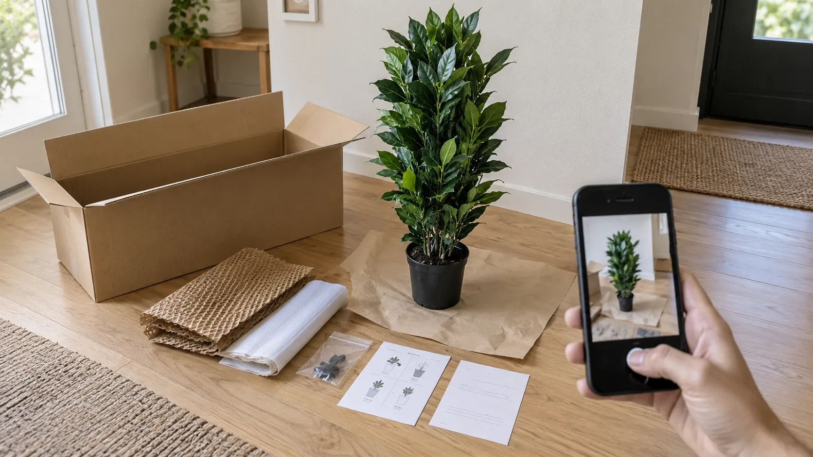 Contrôle à réception d'une plante artificielle en pot technique, avec carton ouvert, protections conservées, documents et téléphone pour photographier son état.