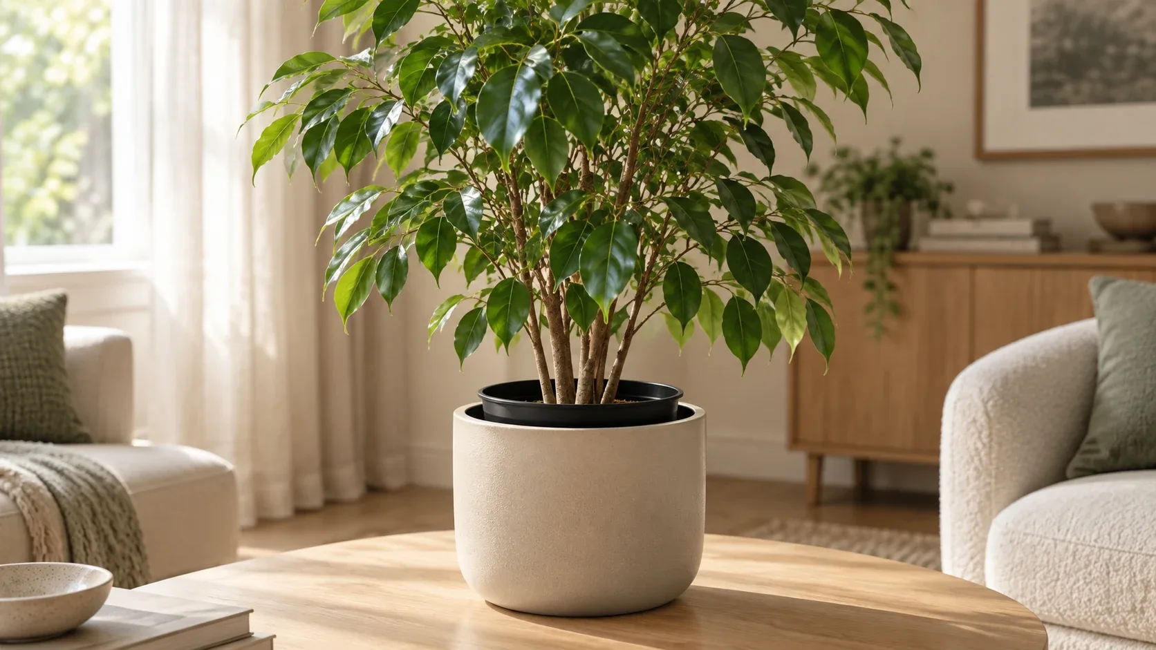 Plante artificielle conservée dans son pot technique noir et centrée dans un cache-pot beige.
